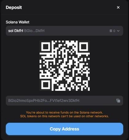 Yodao Deposit window with a Solana wallet address and QR code