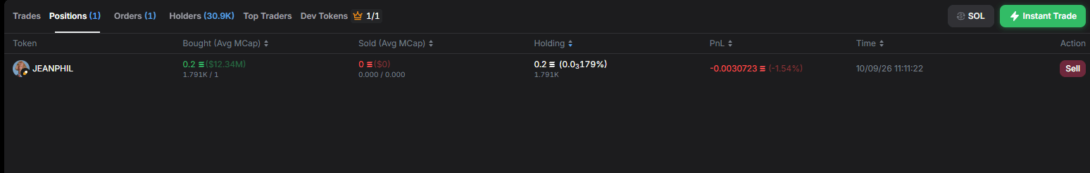 Positions tab below a token chart showing an open position and its PnL