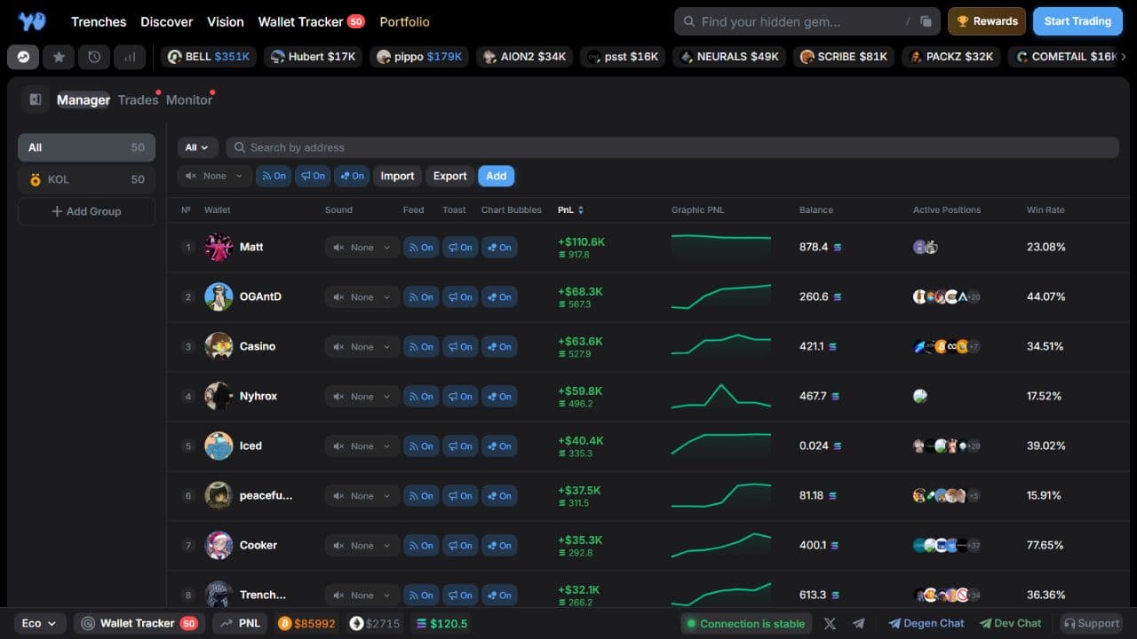 Wallet Tracker Manager with wallet statistics and notification settings