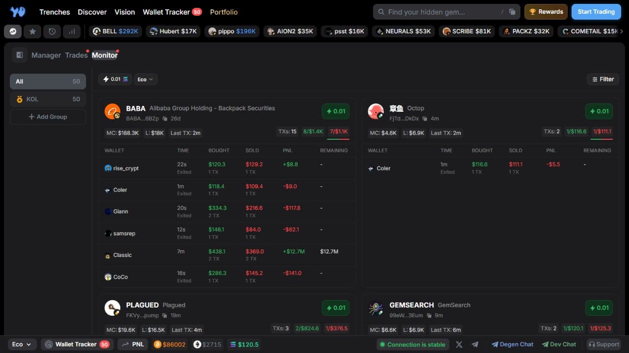 Monitor cards showing tokens and tracked-wallet positions