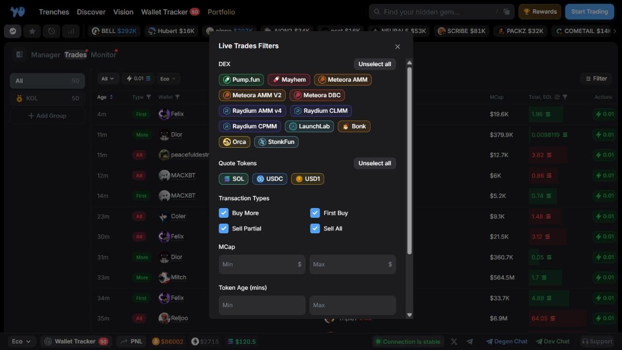 Live Trades Filters in Wallet Tracker