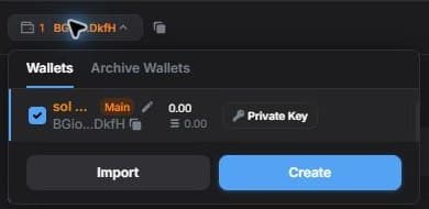 Wallet list with address, Private Key, Import, and Create controls